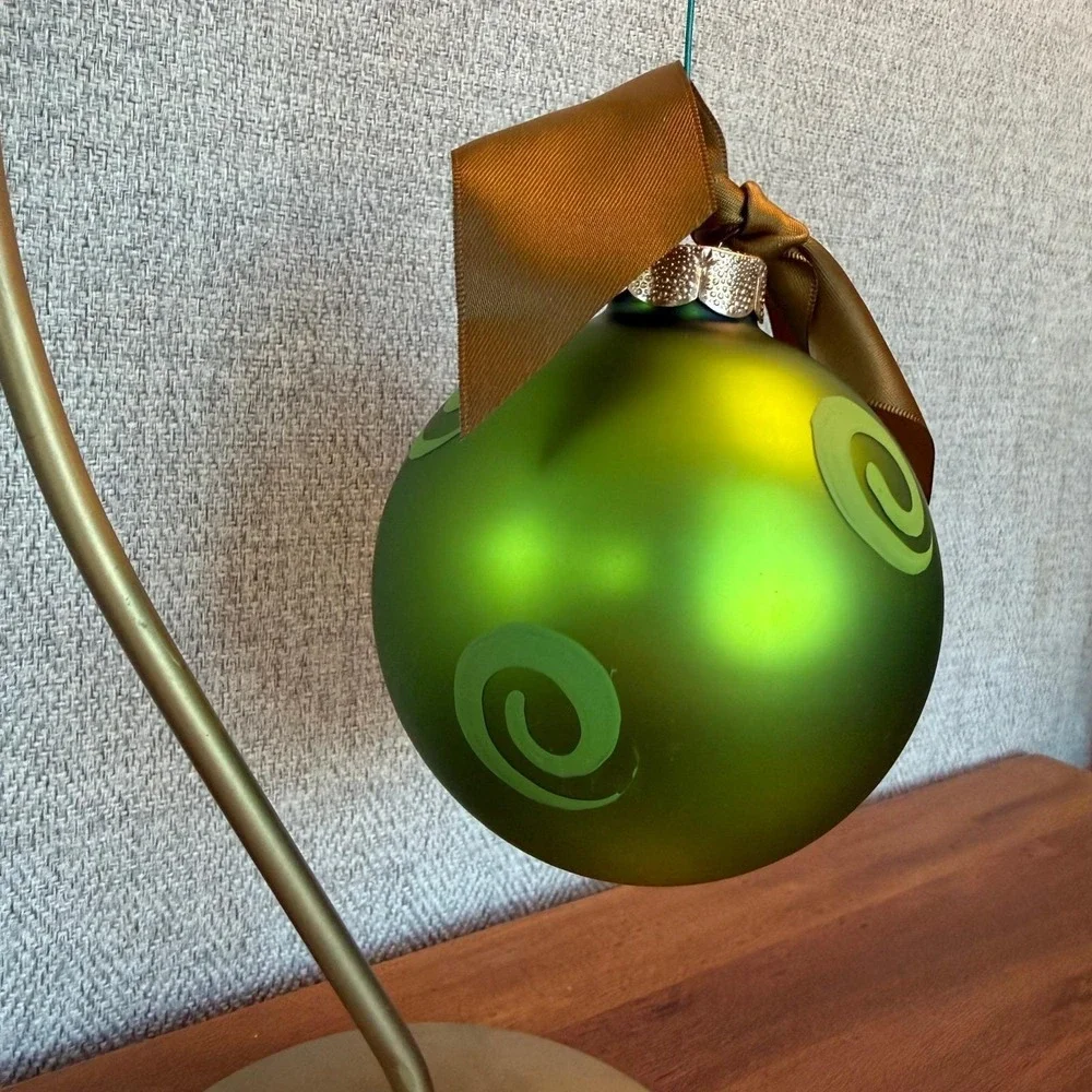 Hand‎ Painted Vintage Green Christmas Ornament Cross Design Ribbon Hanger Signed